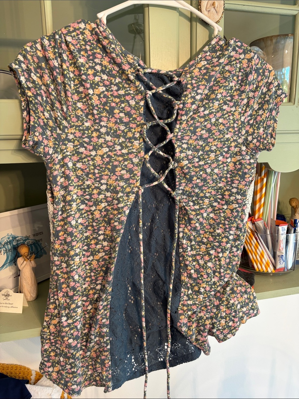 Belle Du Jour Pink Floral Lace-Up Back Short Sleeve Top on Gray